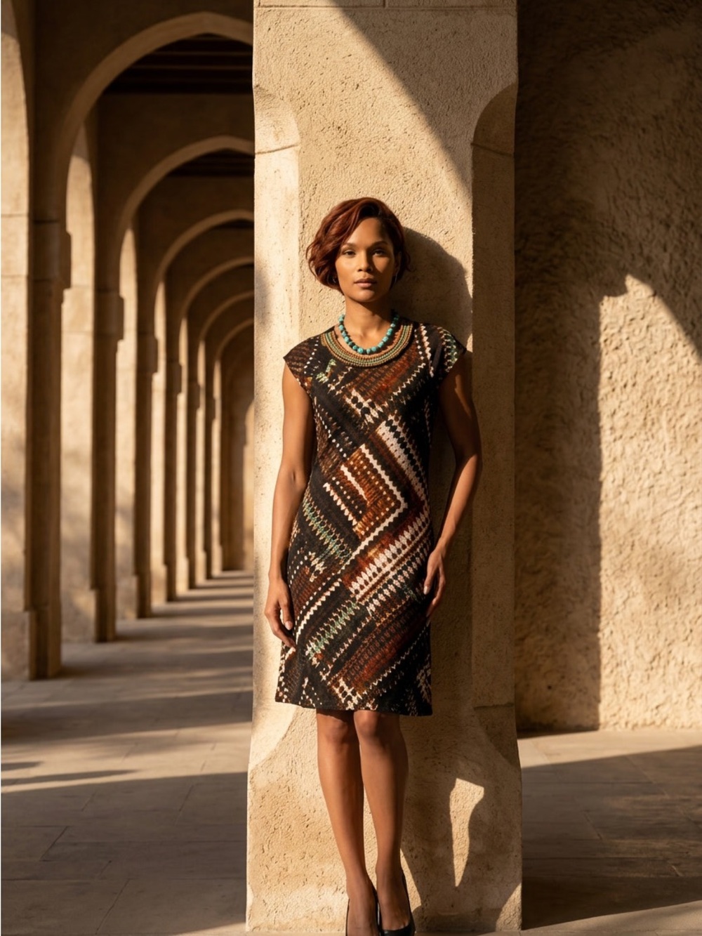 R&K Multi-Brown Diagonal Woven Cap-Sleeve Dress☑️